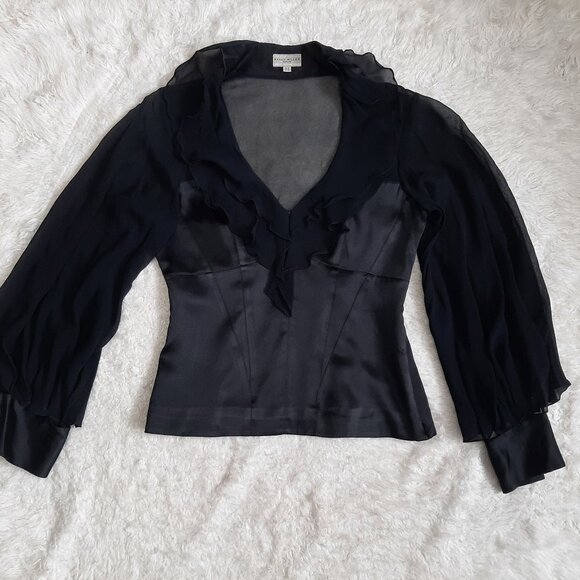 Karen Millen Women's Silk Blend Black Ruffle Neck Long Sleeves Blouse Top US 6 - Picture 2 of 9